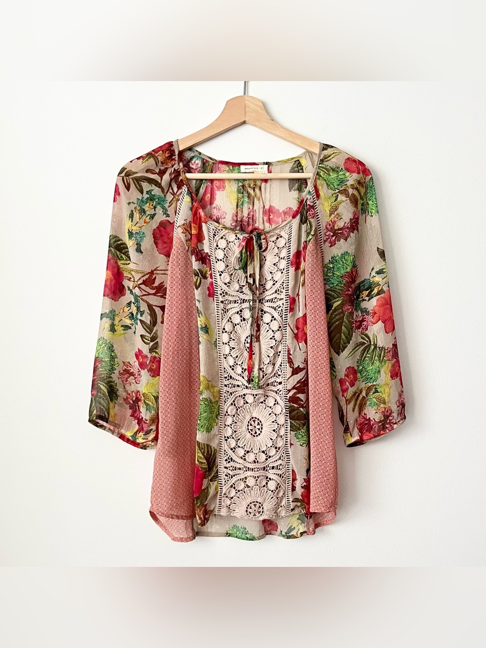 Meadow Rue Anthropologie Women's Sheer Floral Patchwork Blouse Crochet Size S